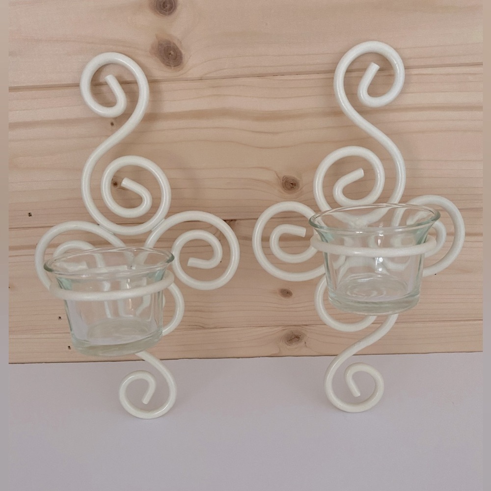 Wall Sconces Wrought Iron Ivory Beige Set of 2 with Glass Tea Light Holder - Picture 2 of 8
